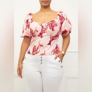 ELOQUII Elements Puff Sleeve Smocked Top Pink Floral Size 18